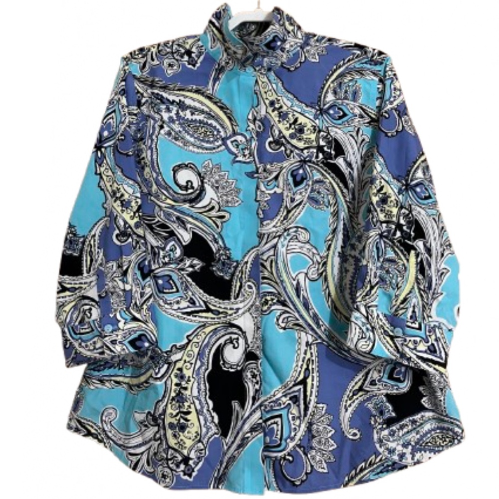 Chico’s No-Iron Blue Multi Paisley Print 3/4 Sleeve Button Down Shirt Size-XL